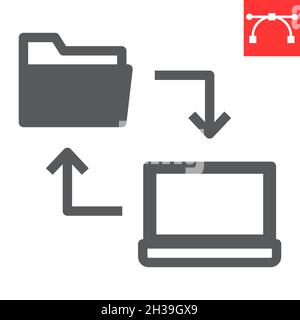 Data share glyph icon, database and transfer, laptop with folder vector icon, vector graphics, editable stroke solid sign, eps 10. Stock Vector