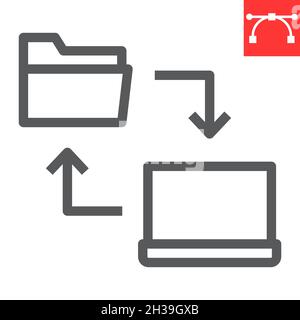 Data share line icon, database and transfer, laptop with folder vector icon, vector graphics, editable stroke outline sign, eps 10. Stock Vector