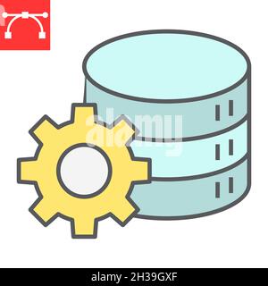 Database management color line icon, database and storage, data with cogwheel vector icon, vector graphics, editable stroke filled outline sign, eps 10. Stock Vector