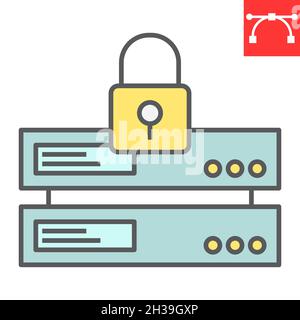 Data security color line icon, database and padlock, server with lock vector icon, vector graphics, editable stroke filled outline sign, eps 10. Stock Vector