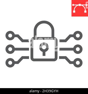 Data encryption line icon, padlock and protection, encryption vector icon, vector graphics, editable stroke outline sign, eps 10. Stock Vector