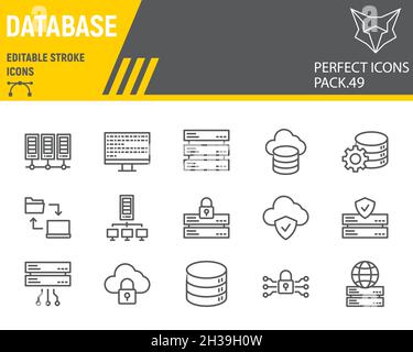 Database line icon set, cloud computing collection, vector graphics, logo illustrations, big data vector icons, database signs, outline pictograms, editable stroke Stock Vector