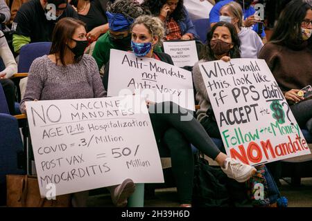 A Portland Public Schools (PPS) School Board meeting in Portland, Oregon on October 26, 2021was adjourned, and reconvened virtually, after people refused to wear masks, and it was taken over by a gathering of People's Rights activists, and anti-mask, anti-vaccine, and anti-mandate activists. (Photo by John Rudoff/Sipa USA) Credit: Sipa USA/Alamy Live News Stock Photo