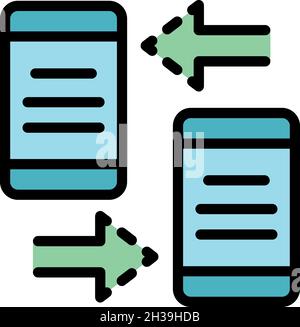 Two smartphones and arrows icon. Outline two smartphones and arrows vector icon color flat isolated Stock Vector