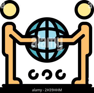 Two are holding a globe icon. Outline two are holding a globe vector icon color flat isolated Stock Vector