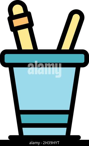 Pencil holder icon. Outline pencil holder vector icon color flat isolated Stock Vector