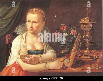Vanitas painting by Clara Peeters - The woman in the painting is probably the artist - 1618 Stock Photo