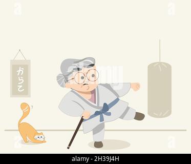 Funny cute granny doing karate practice. Granny staying fit and doing karate and martial arts. Modern cute granny and cat scene. Flat colored isolated Stock Vector