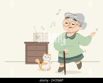 Cute granny dancing on the song on radio. Little cat joining granny while dancing. Cute modern flat vector illustration. Stock Vector