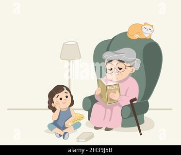 Granny telling tales and reading stories to cute granddaughter, while cat sleeping on the couch. Cute granny, little girl and kitty scene indoors insi Stock Vector