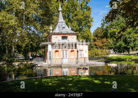 Madrid, Spain - September 26, 2021: Casita del Pescador or Fisherman Cottage in the Retiro Park Stock Photo