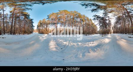 360 degree panoramic view of Beautiful landscape with trees blue road sky sun snow at winter 3D spherical panorama with 360 degree viewing angle Ready for virtual reality vr Full