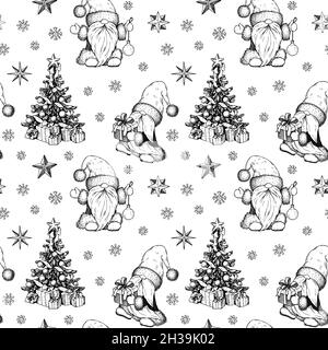 Hand drawn Happy New Year and Merry Christmas seamless pattern with cute gnomes. Vector illustration in sketch style Stock Vector