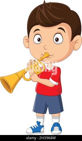 Cartoon little boy blowing a trumpet Stock Vector