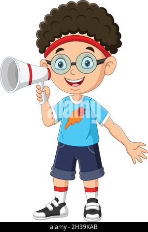 Cute little boy shouting in megaphone Stock Vector