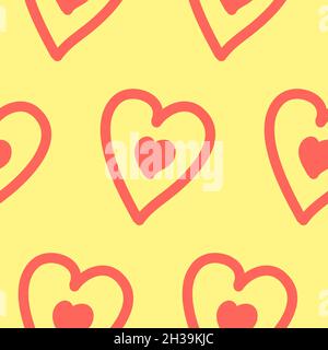 Seamless pattern, heart symbol of love, pink on yellow, vector illustration for textiles, wallpaper and wrapping paper Stock Vector