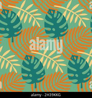 Monstera and palm seamless pattern, green yellow tropical leaves, vector illustration Stock Vector