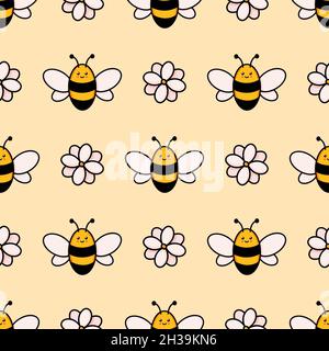 Cute honey bee seamless pattern. Vector doodle cartoon flowers and bumblebees illustration digital paper isolated on white background perfect for kids fabric prints Stock Vector