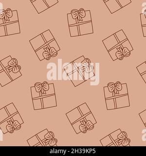 Gift with ribbon, stroke on beige background, hand drawing seamless pattern vector illustration Stock Vector
