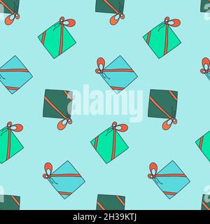 Gift with ribbon, blue green, hand drawing seamless pattern vector illustration Stock Vector