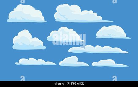 Clouds set. Sky background. Illustration in cartoon style flat design. Isolated on blue. Heavenly atmosphere. Vector Stock Vector