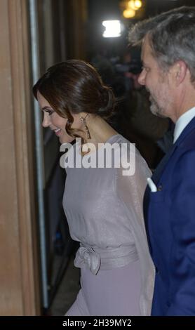 Crownprincess Mary attending the concert and dinner hosted by Queen Margrethe of Denmark hosts a concert at Fredensborg Castle, Fredensborg, Copenhagen on October 26, 2021, where the The Crown Prince and The Crown Princess and Prince Joachim and Princess Marie also participate. This year, the Queen wishes to acknowledge the many people who work in the Danish film industry and therefore invites representatives from different branches of the industry to a concert and subsequent dinner in the Dome Hall at Fredensborg Castle north of Copenhagen. Photo by Stefan Lindblom/Stella Pictures/ABACAPRESS. Stock Photo