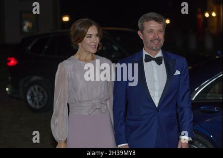 Crownprince Frederik of Denmark and Crownprincess Mary attending the concert and dinner hosted by Queen Margrethe of Denmark hosts a concert at Fredensborg Castle, Fredensborg, Copenhagen on October 26, 2021, where the The Crown Prince and The Crown Princess and Prince Joachim and Princess Marie also participate. This year, the Queen wishes to acknowledge the many people who work in the Danish film industry and therefore invites representatives from different branches of the industry to a concert and subsequent dinner in the Dome Hall at Fredensborg Castle north of Copenhagen. Photo by Stefan Stock Photo