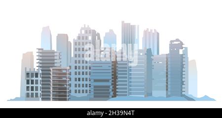 Ruined city from afar. Apocalypse scene. Armageddon death of civilization in war or environmental disaster. Illustration isolated on white background Stock Vector