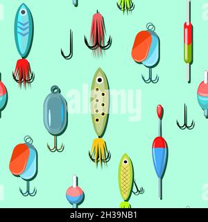 Fishing lures and wobblers. Equipment and accessories for recreation and hunting on reservoirs. Sale of fishing rods and clothing. Seamless pattern Stock Vector