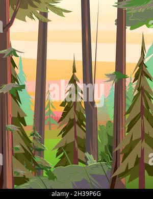 Evening time in forest. Morning rural countryside landscape with trees. Illustration in cartoon style flat design. Vector Stock Vector