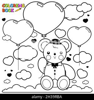 Teddy bear holding heart shaped balloons in the sky. Black and white coloring page. Stock Photo