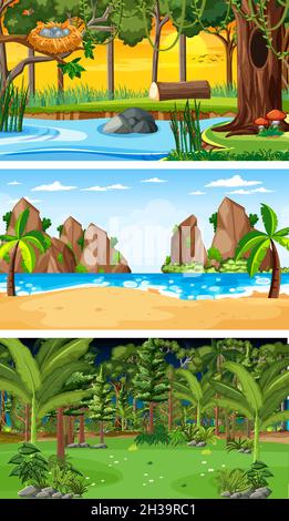 Set of three different forest horizontal scenes illustration Stock Vector