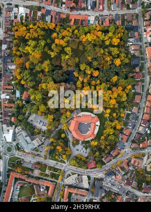 Aerial view of historial Castle surrounded by English park with rare trees in autumn colors, Pezinok, Slovakia Stock Photo