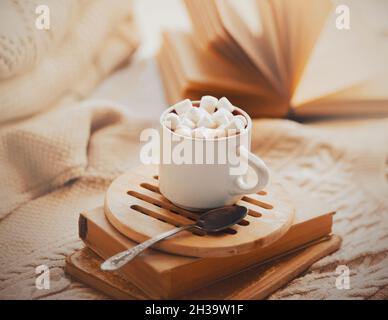 A white cup of cocoa with marshmallows sits on a stack of old books, and next to it is a teaspoon and beige wool sweaters. A cozy pastime in the cold Stock Photo