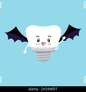 Cute tooth implant in vampire bat costume isolated vector icon. Stock Vector