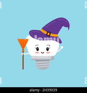 Witch tooth implant with purple magic hat and broom isolated vector icon. Stock Vector