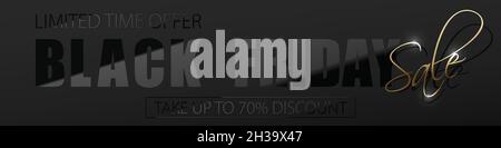 Black Friday Sale vector horizontal banner. Glossy lacquered black letters on dark gray background. Glass effect reflection. Limited time only, up to Stock Vector