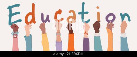 Raised arms of diverse multi-ethnic and multicultural people holding colorful letters forming the word -Education-.Male and female students.University Stock Vector