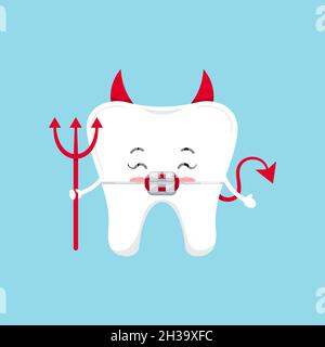 Cute tooth in braces emoji devil isolated on blue background. Stock Vector
