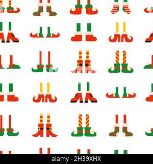 Shoes and boots for elves feet. Santa Claus helpers. Seamless pattern, endless texture, decorative Christmas holiday wallpaper with feet and legs. Elf Stock Vector