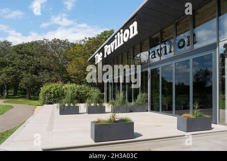 The Pavillion cafe and community centre and studio at Havenstoke Park on the Graylingwell development in north Chichester, West Sussex, England, UK. Stock Photo