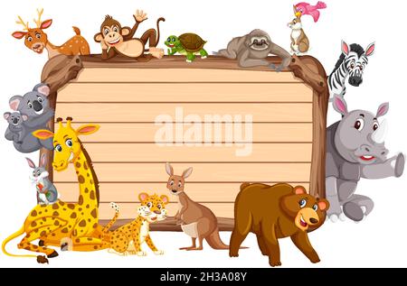 Empty wooden board with various wild animals in the forest illustration ...