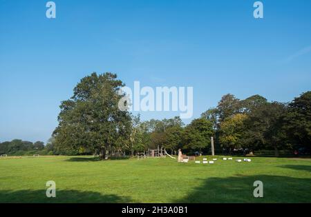 Playground and zip wire at Havenstoke Park on the Graylingwell development in north Chichester, West Sussex, England, UK. Stock Photo