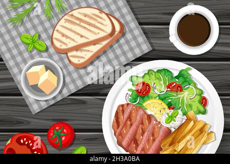 Different plates of food on the table  illustration Stock Vector