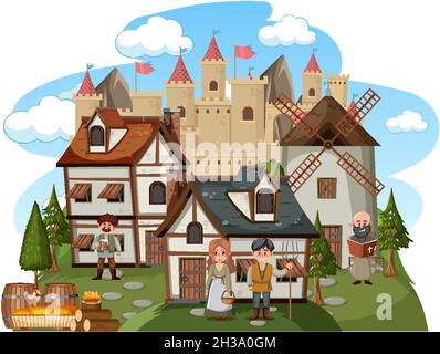 Medieval village with villagers on white background illustration Stock Vector