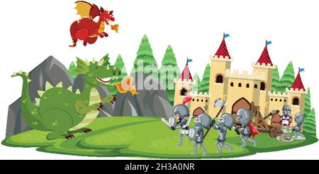 Knight riding cute dragon with sword in color and silhouette Stock ...