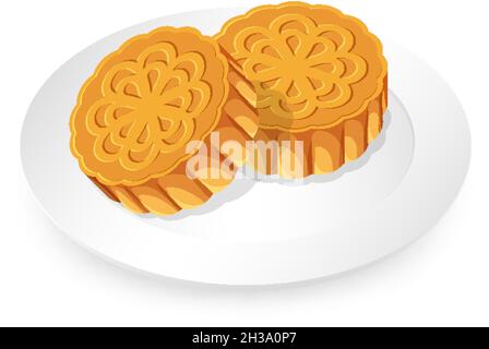 Mooncakes on white plate on white background illustration Stock Vector