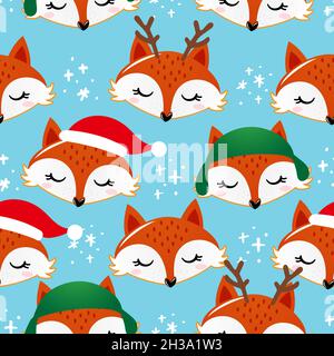 Cute fox pattern design with Fox heads and clouds on rose background - funny hand drawn doodle, seamless pattern. Background or t-shirt textile graphi Stock Vector