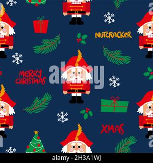 Christmas pattern witch cute nutcrackers and christmas trees - funny hand drawn doodle, seamless pattern. Designer poster or t-shirt textile graphic d Stock Vector