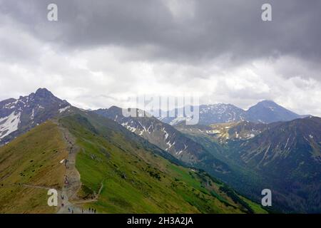Tatra Mountains, Poland. View from Kasprowy Wierch to Swinica mount, tourists on the trail Stock Photo